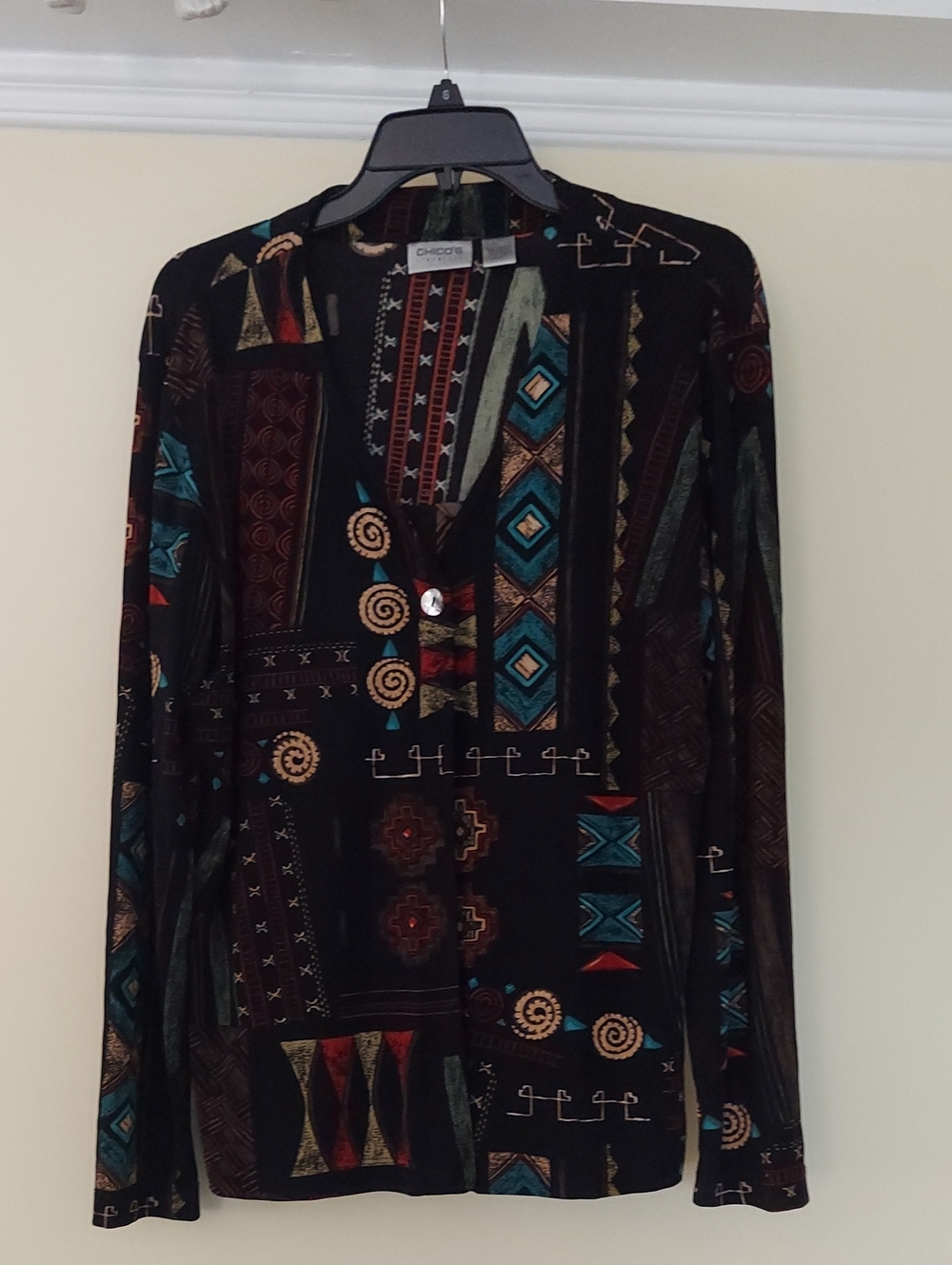 Vintage Chico's Black Cardigan with Rust and Teal Geometric Stripes